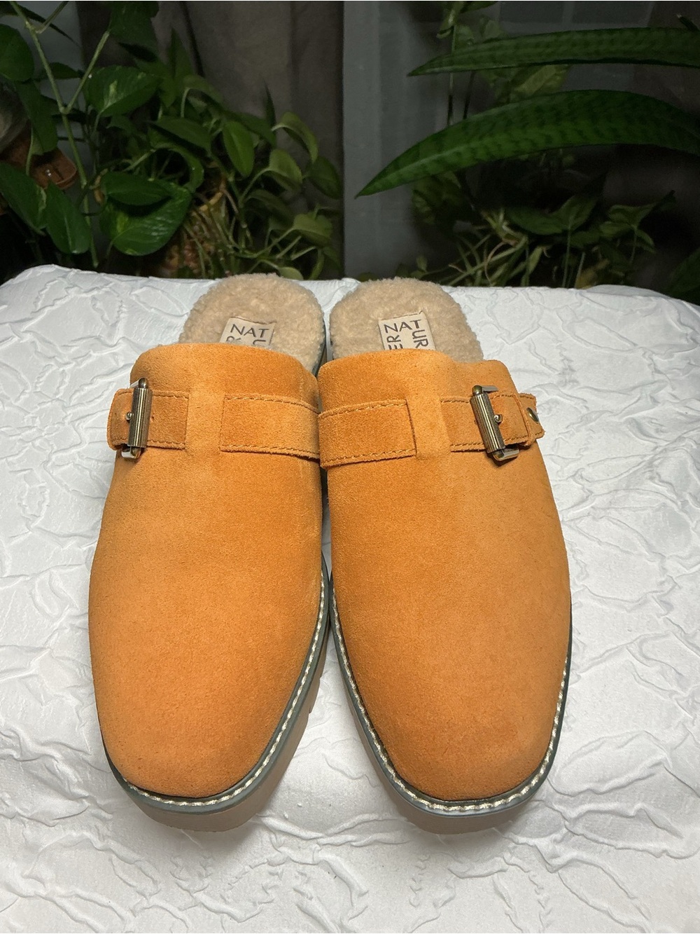Naturalizer Orange Suede Shearling-Lined Slip-On Mules